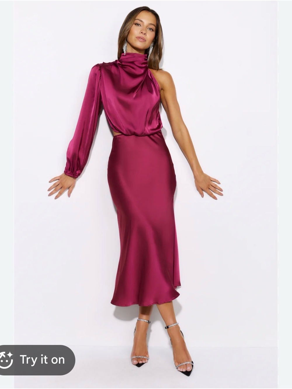 Hello Molly One-Shoulder Satin Midi Dress in Berry Plum